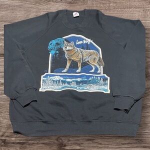 Jerzees Vintage Loan Wolf Black Crewneck Sweater size 2XL